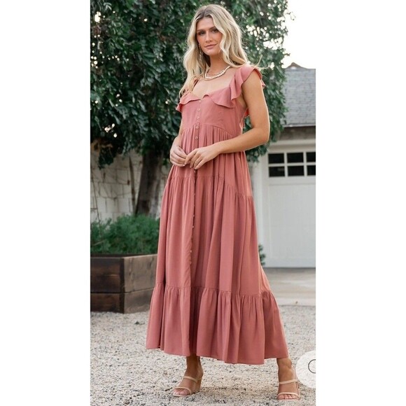 BALTIC BORN Ellie Ruffle Top Dress Medium Terracotta Mauve NEW Casual Pockets - Picture 1 of 12